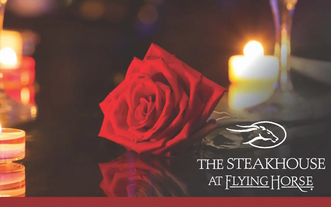 Image of a red rose and candles with the Steakhouse at Flying Horse logo